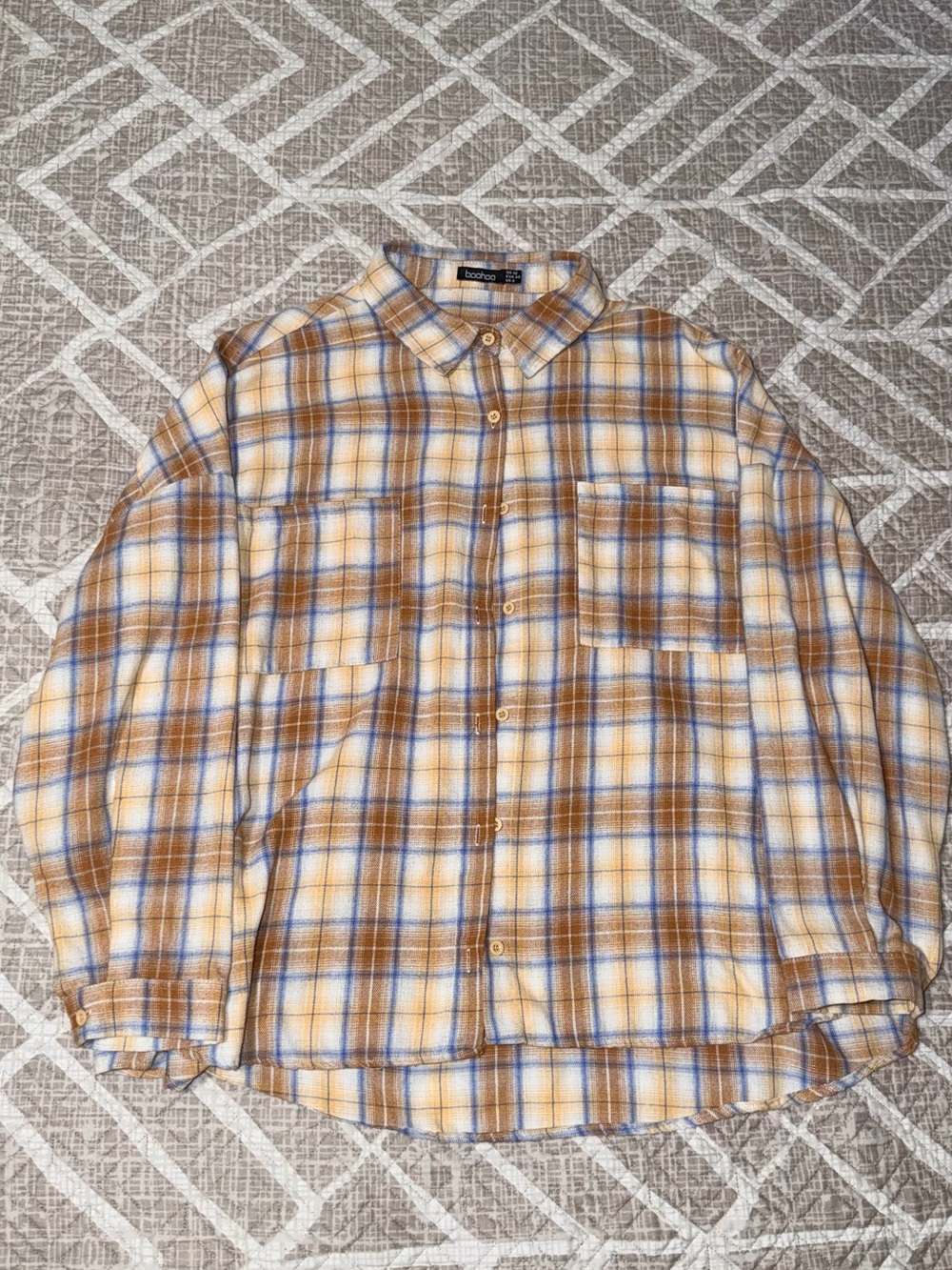 Boohoo Yellow Blue Plaid Button-Down Shirt